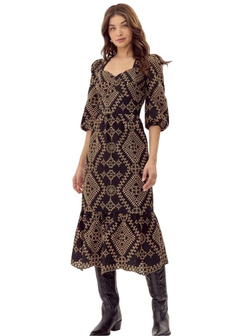 NWT Adelyn Rae Legacy Embroidered Midi Dress in Camel Black
